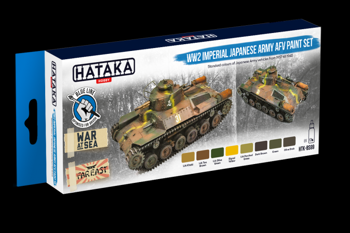 Boxart WW2 Imperial Japanese Army AFV paint set HTK-BS69 Hataka Hobby Blue Line Boxart WW2 Imperial Japanese Army AFV paint set HTK-BS69 Hataka Hobby Blue Line